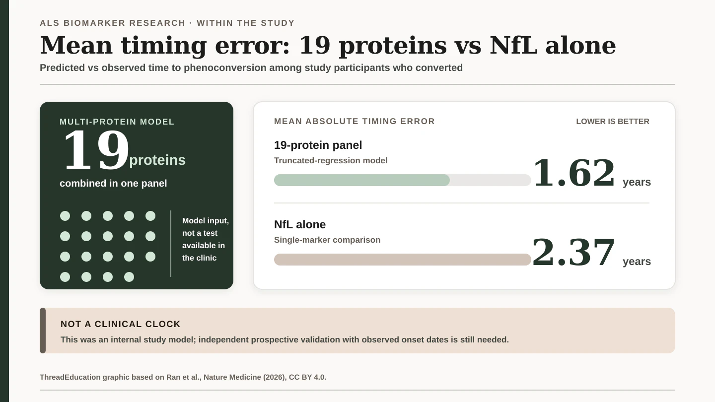 ThreadEducation chart comparing a 1.62-year mean timing error for a 19-protein ALS research panel with 2.37 years for neurofilament light alone within the study