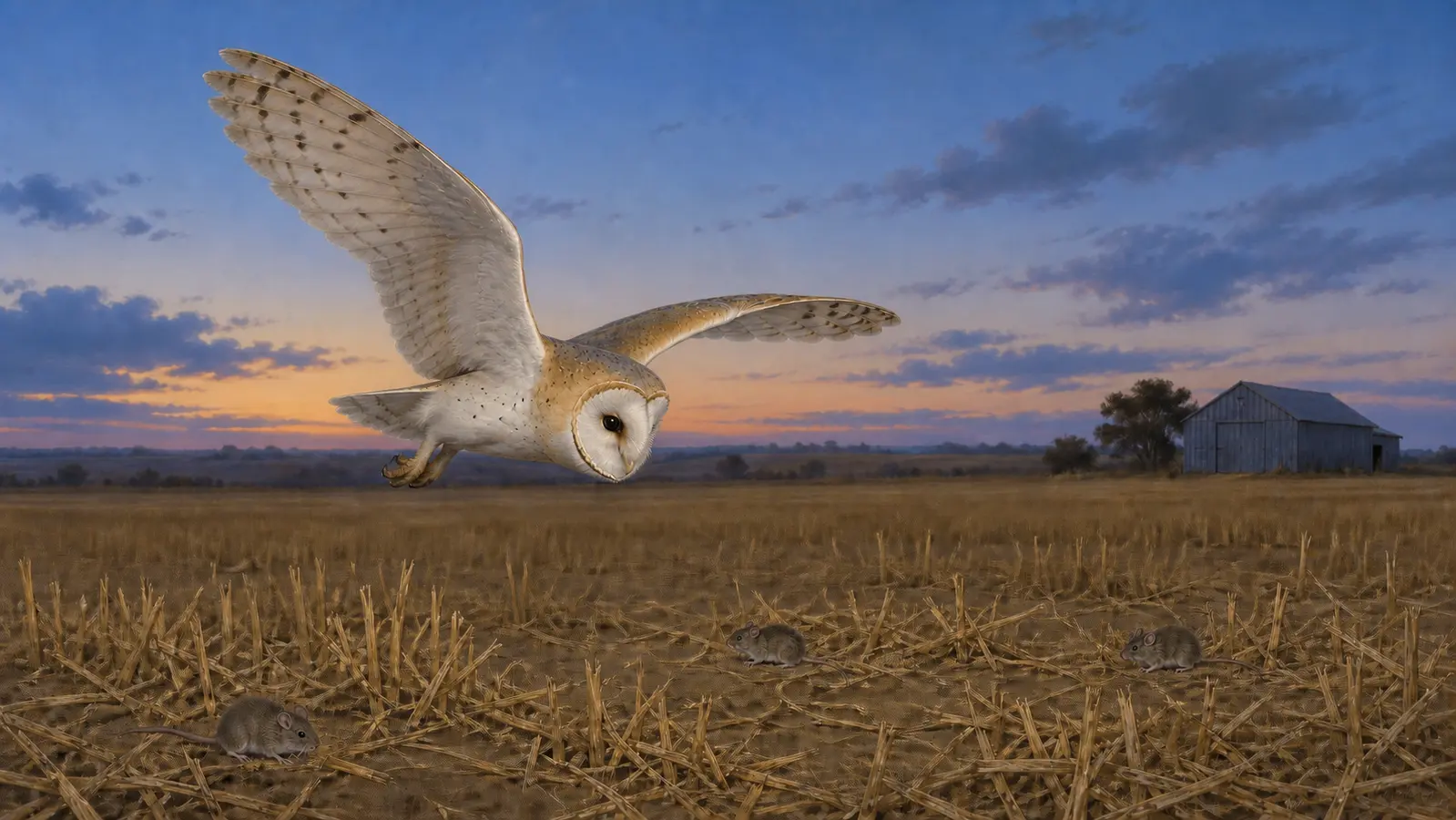 Natural-history illustration of a barn owl flying low over mice in harvested grain stubble at dusk