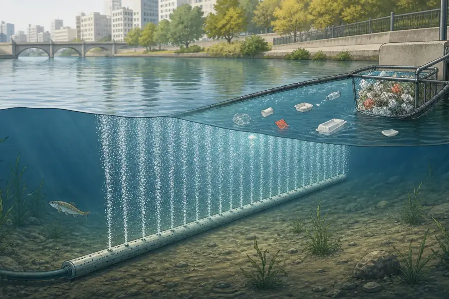Bubble curtains can catch river plastic—but 86% is not a universal result