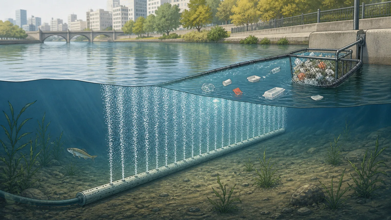 Editorial cutaway illustration of bubbles rising from a riverbed pipe and guiding plastic toward a bank-side collector