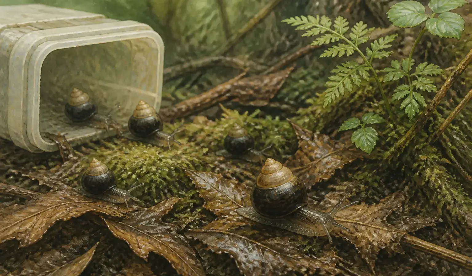 Natural-history illustration of small dark-shelled snails moving from a transport container into damp forest leaf litter