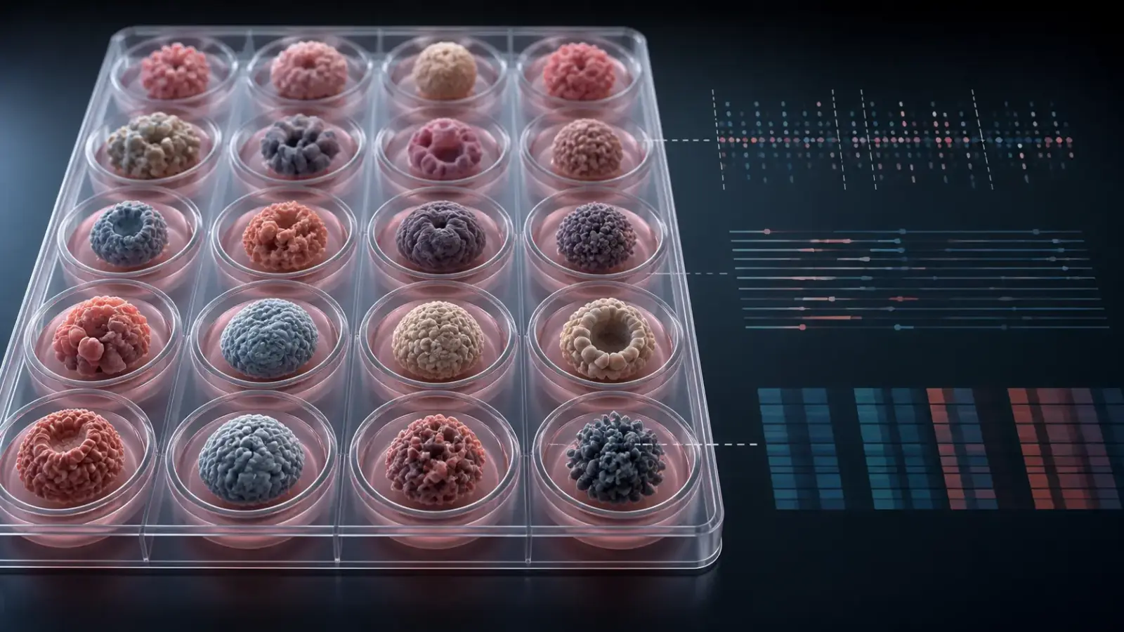 Generated editorial illustration of varied tumor organoid models arranged in a culture-well array beside molecular data patterns