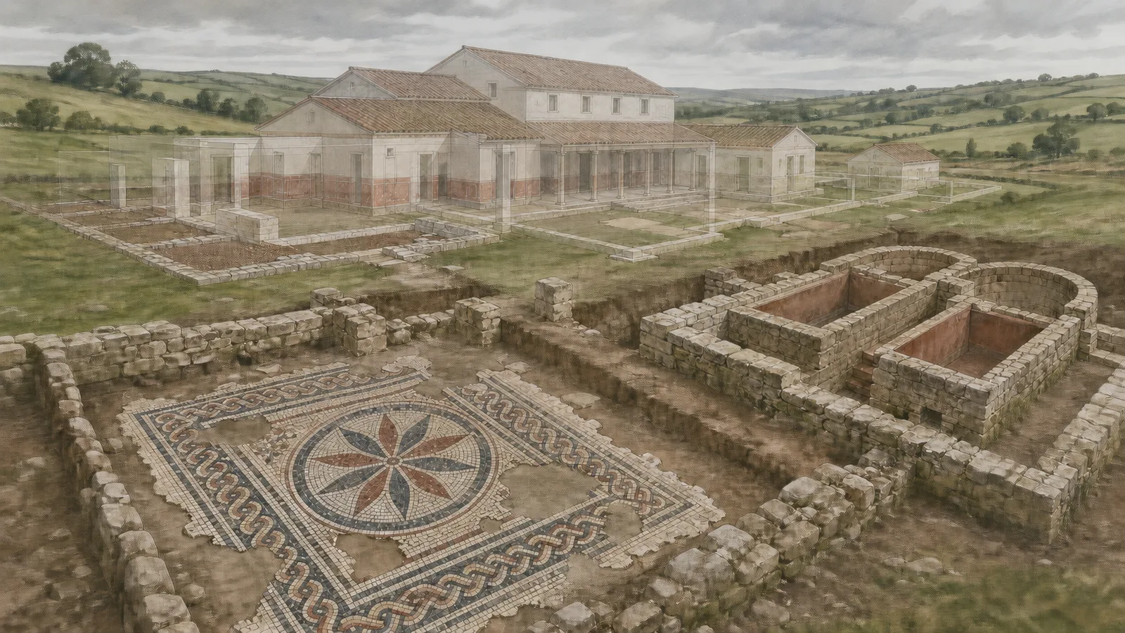 Editorial reconstruction combining an excavated Roman mosaic and bathhouse foundations with a ghosted villa in the Devon landscape