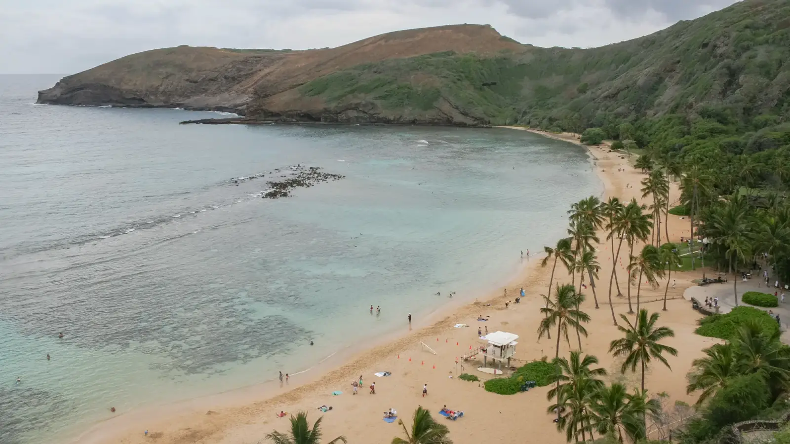Elevated view of Hanauma Bay's reef, beach and visitors photographed in 2008