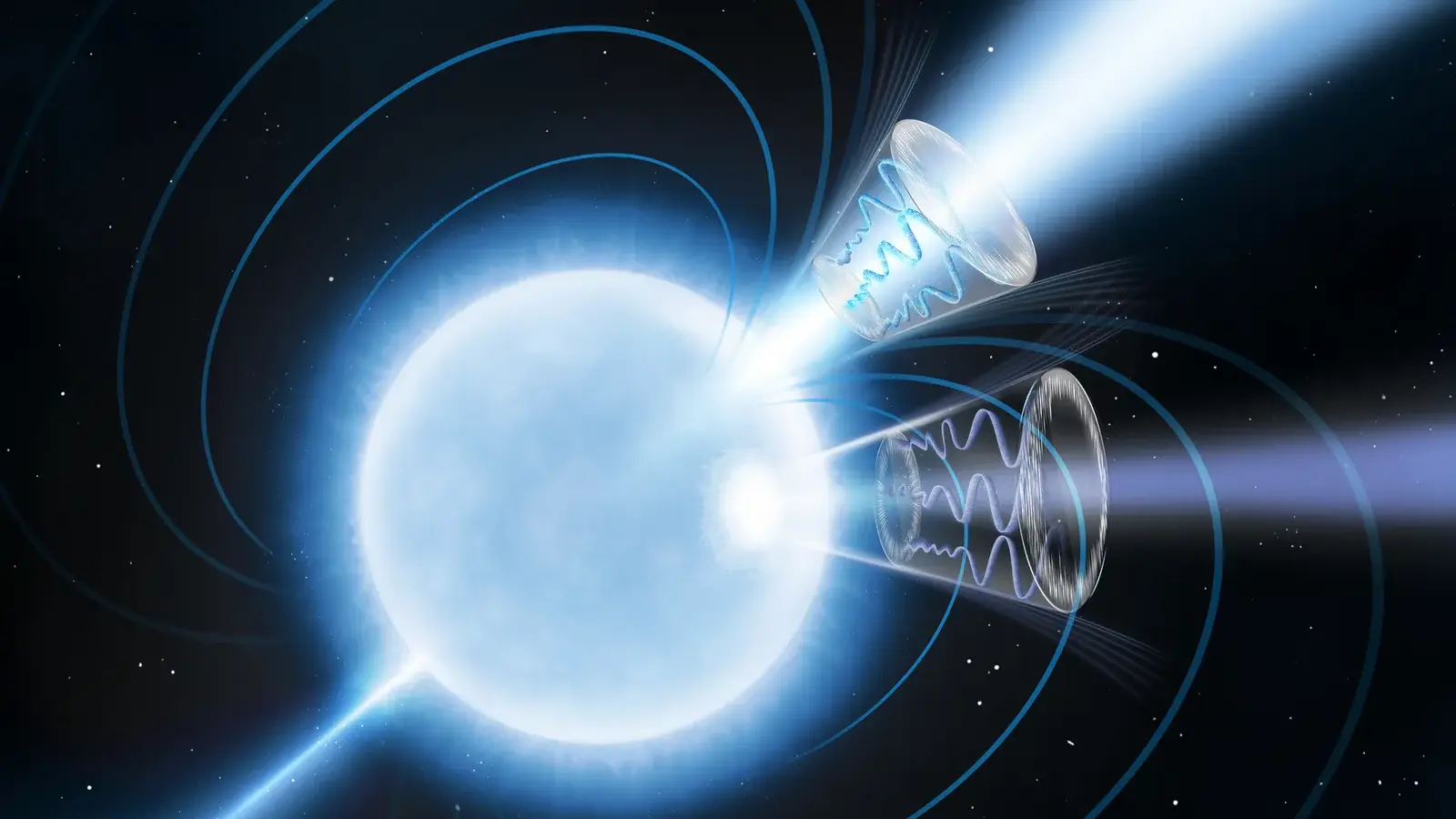 Artist's concept of magnetar 1E 1547.0-5408 with magnetic field lines and offset radio and X-ray beams
