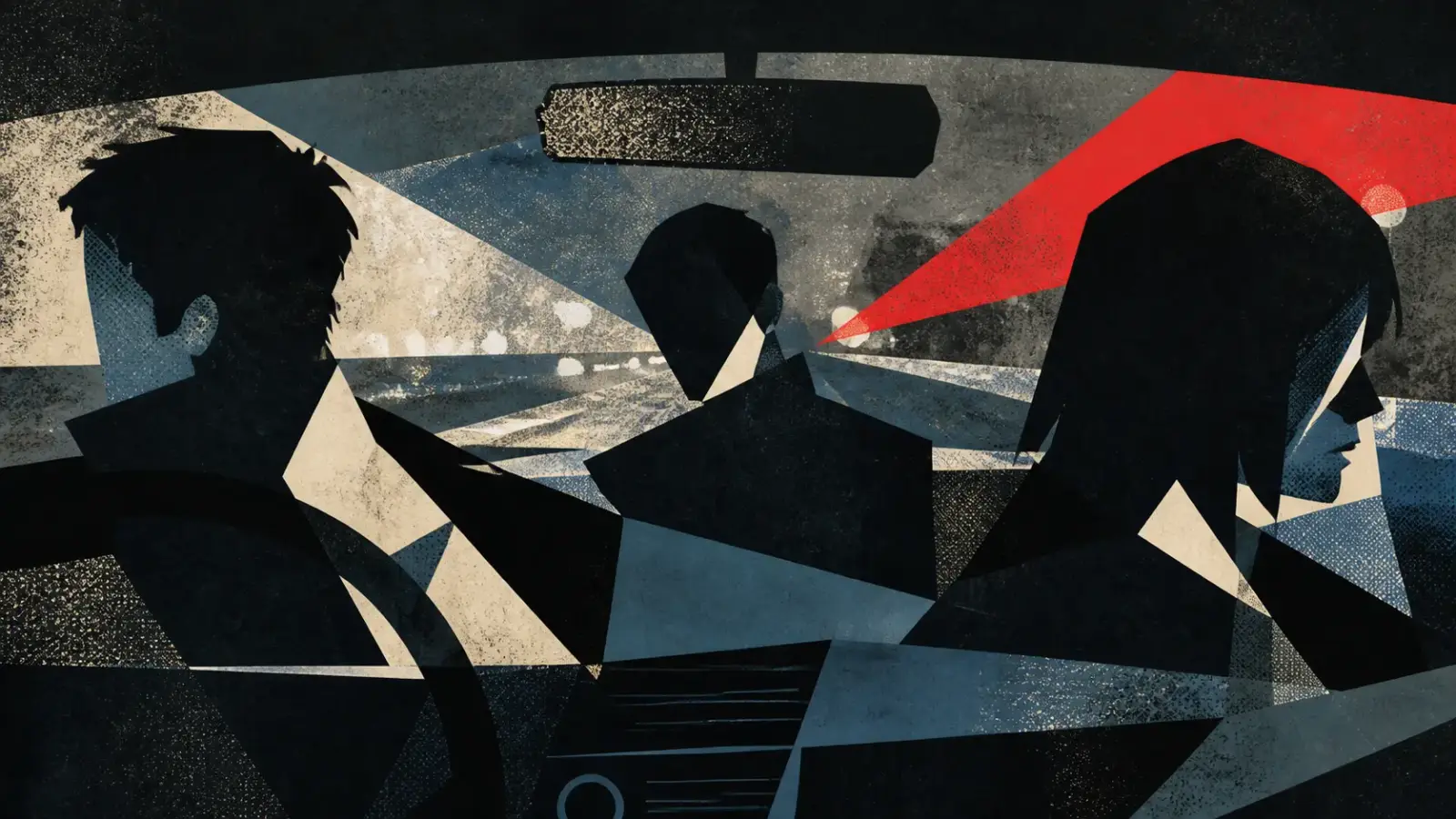 Editorial illustration of three anonymous angular figures inside a car at night