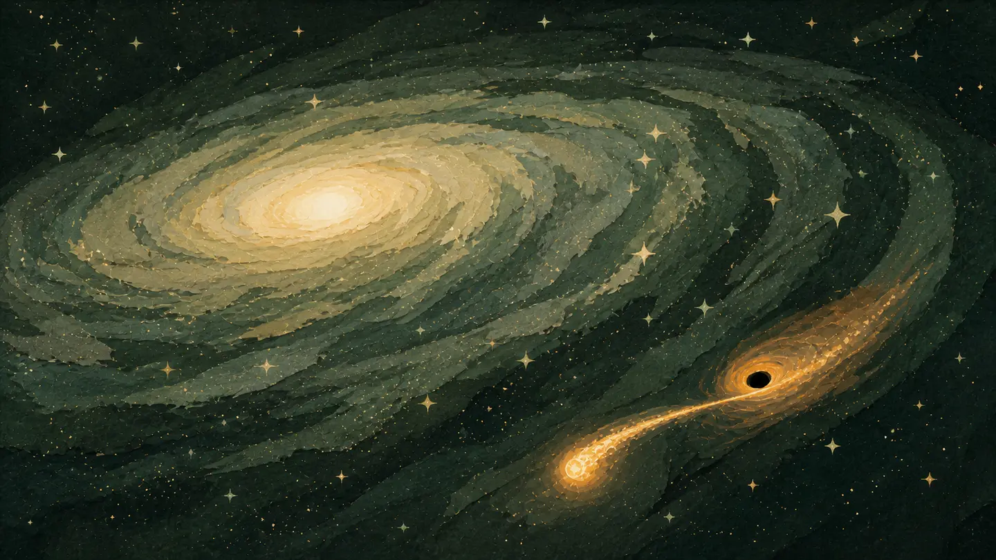 Editorial illustration of a star being tidally stretched by a black hole in the outskirts of a galaxy, visibly offset from the galaxy's bright nucleus