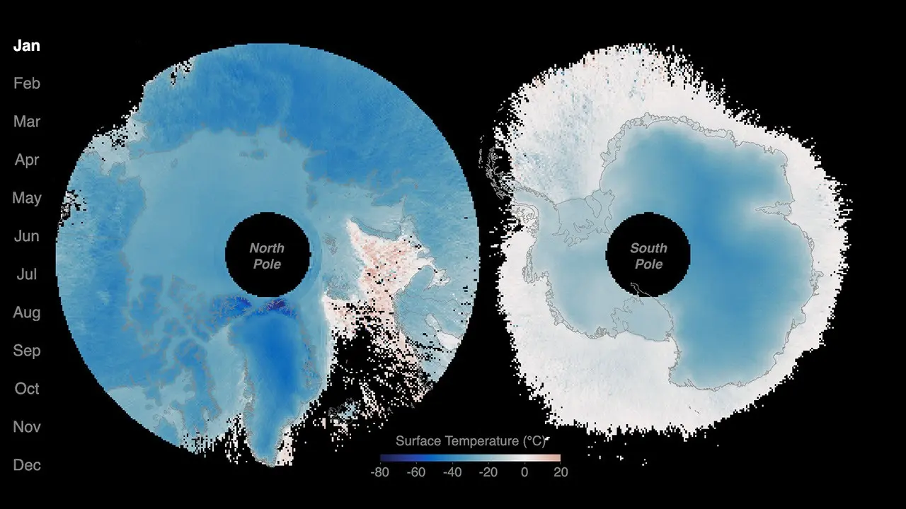 Still from a NASA animation showing January surface temperatures around the North and South Poles, with a color scale from minus 80 to 20 degrees Celsius