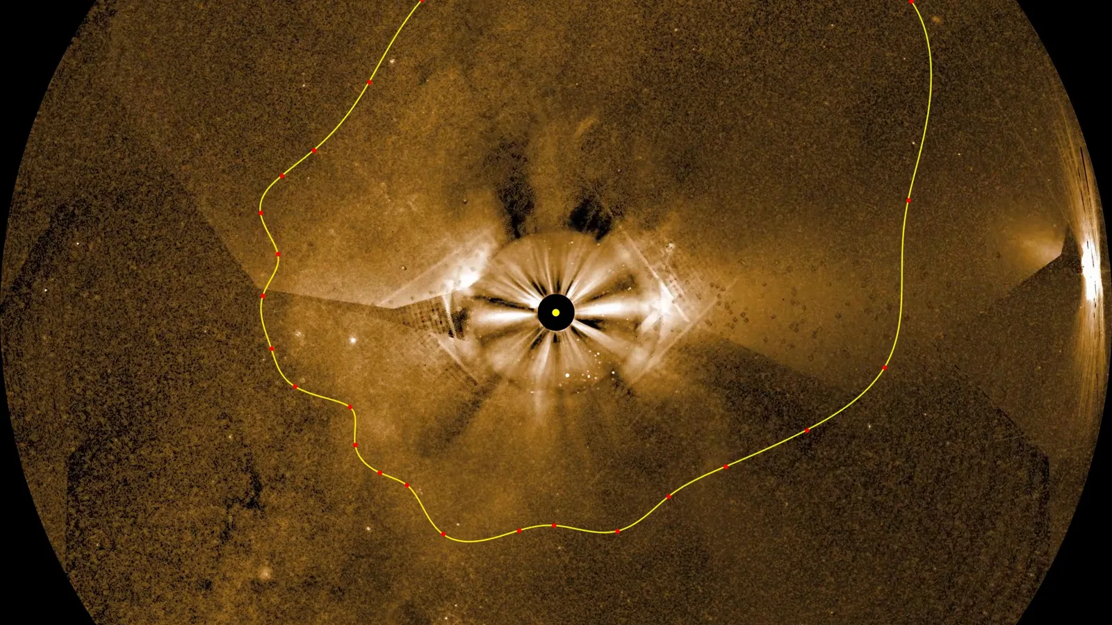 PUNCH composite showing the outlined leading edge of a coronal mass ejection around the obscured Sun
