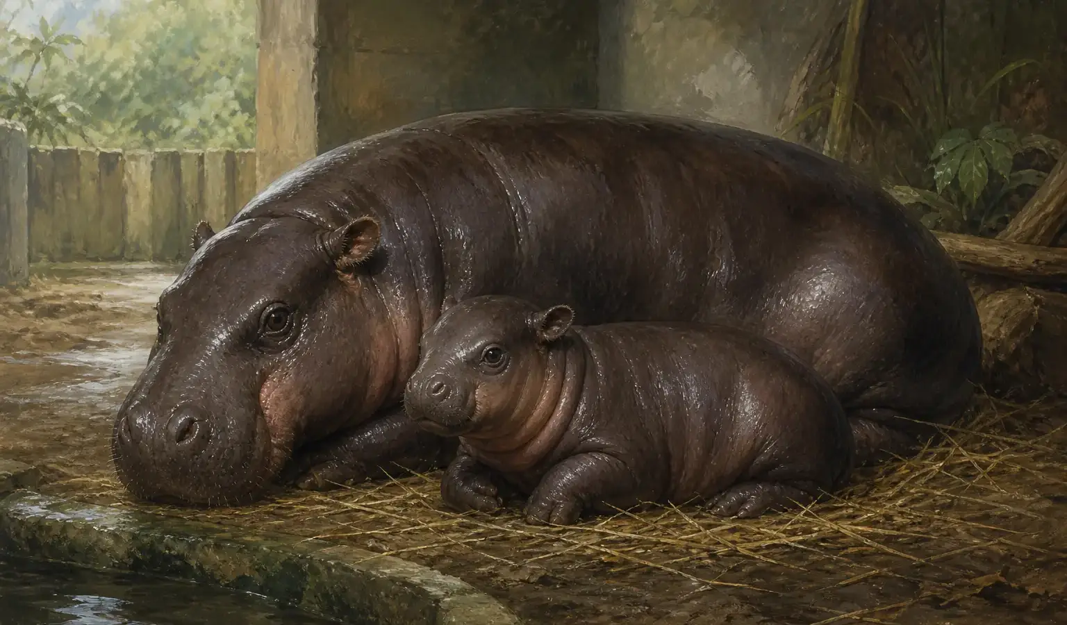 Natural-history illustration of a pygmy hippopotamus calf resting beside her mother in a sheltered zoo habitat