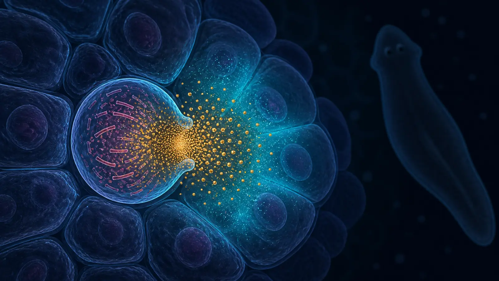 Scientific illustration of a ruptoblast releasing granules among nearby cells, with a planarian silhouette in the background