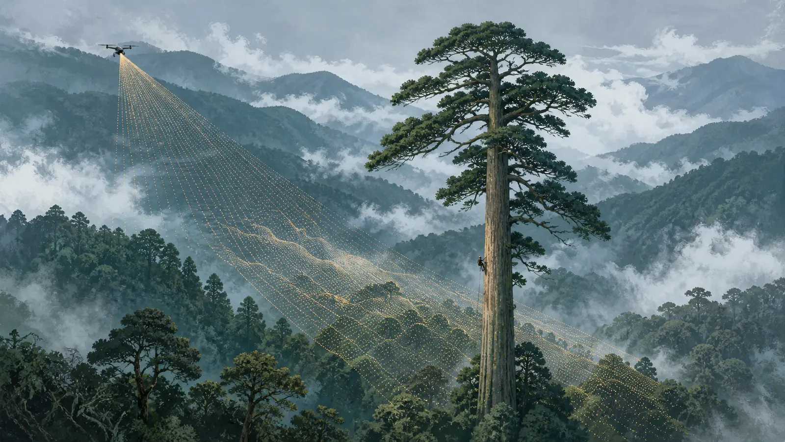 Illustration of a towering Taiwania tree above a misty mountain forest as airborne LiDAR scans the canopy